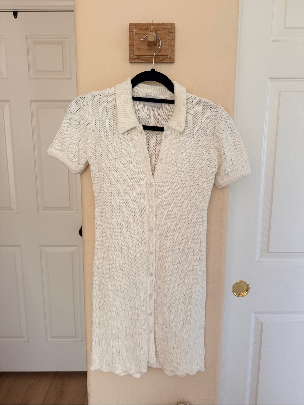 100% Cotton Cream Knit Crochet Button-Front Mini Dress